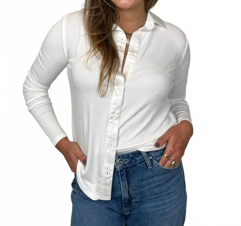 Long Sleeve Rib Mix Shirt In Winter White 1