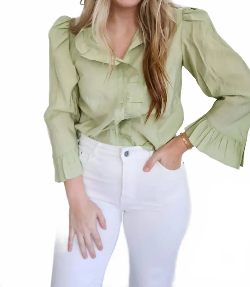 Long Sleeve Ruffle Blouse In Sage 1