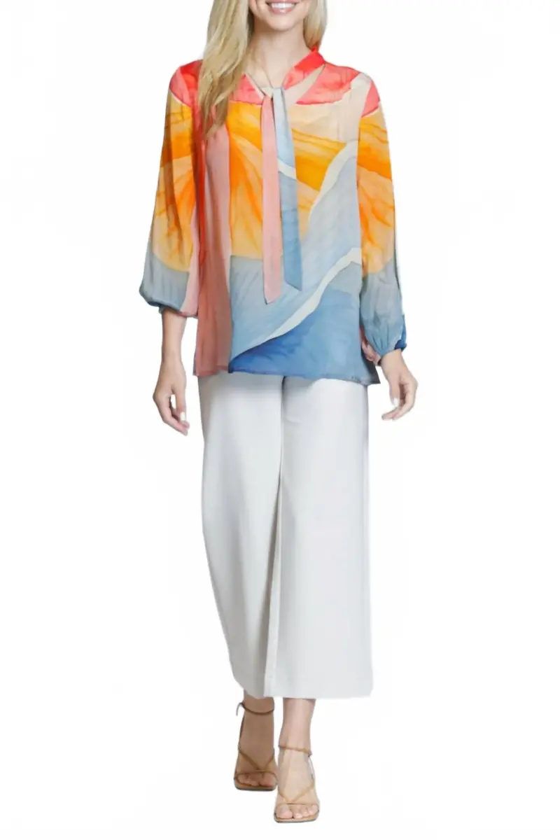 Long Sleeve Tie-Neck Blouse In Multicolor 1