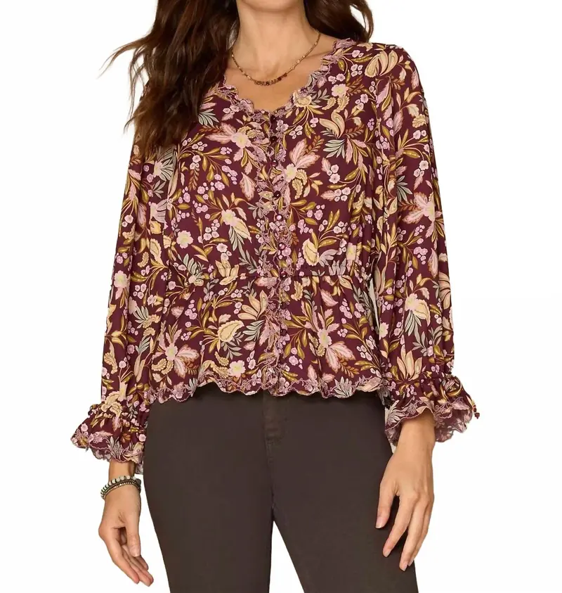 Long Tie Sleeve V-Neck Printed Woven Top In Floral 1