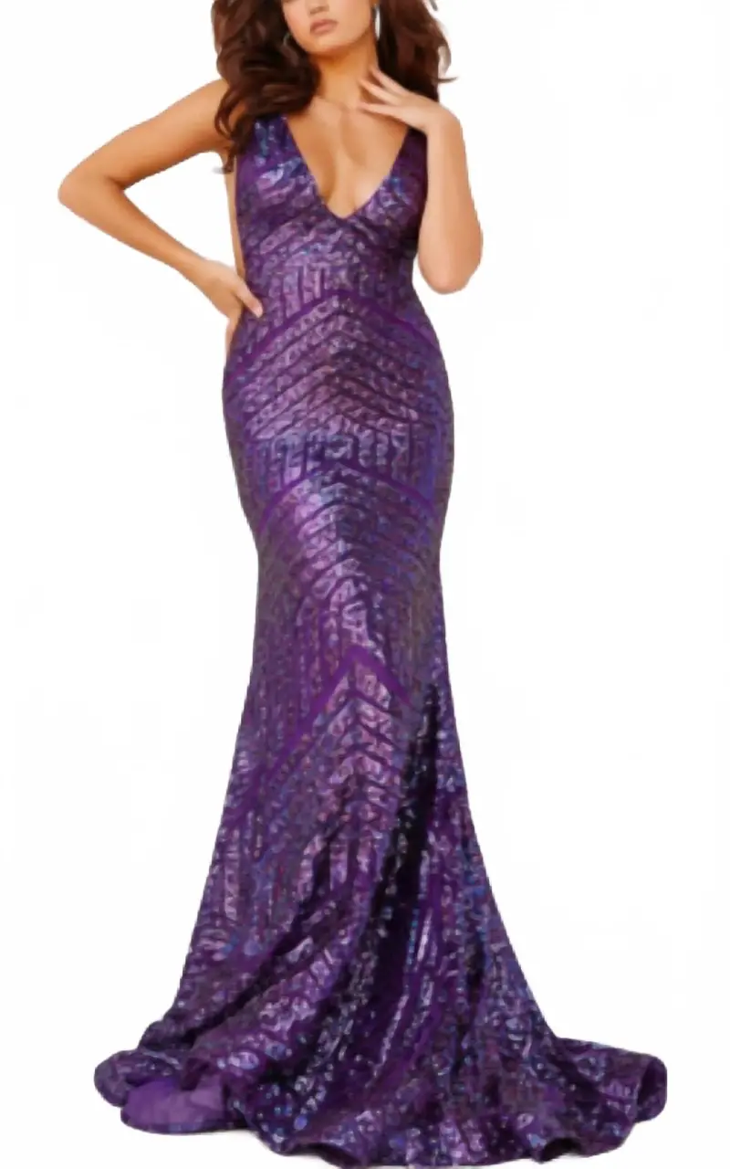 Low V Neck Sequin Sheath Dress In Iridescent Purple 1
