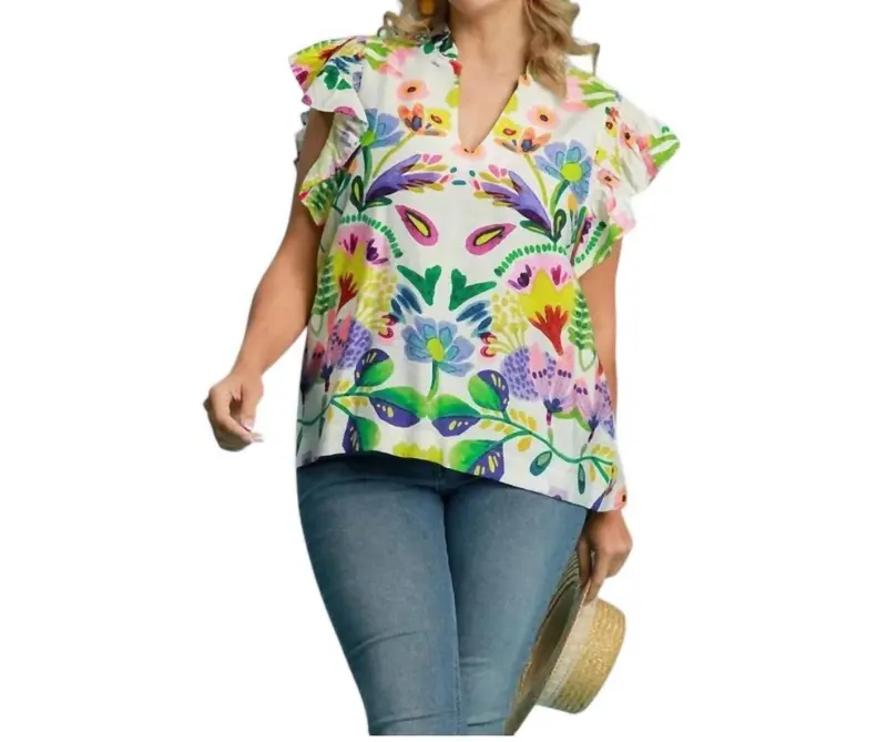 Lucky In Love V-Neck Top - Plus Size In Green Mix 1