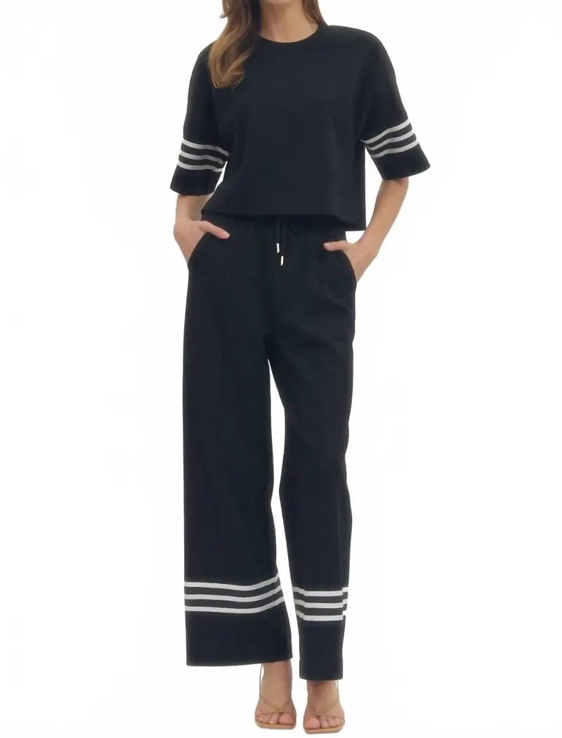 Luna Short Sleeve Knit Top And Wide Leg Pants Set In Black 1
