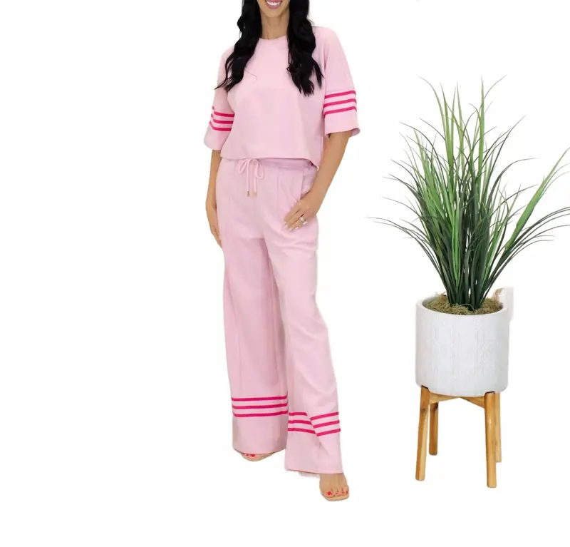 Luna Short Sleeve Knit Top And Wide Leg Pants Set In Pink 1