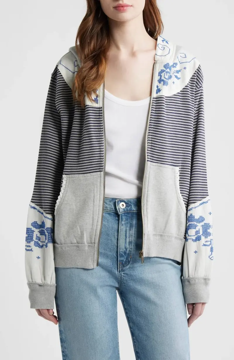 Lydia Mixed Media Zip-Up Hooded Sweater In Grey 1