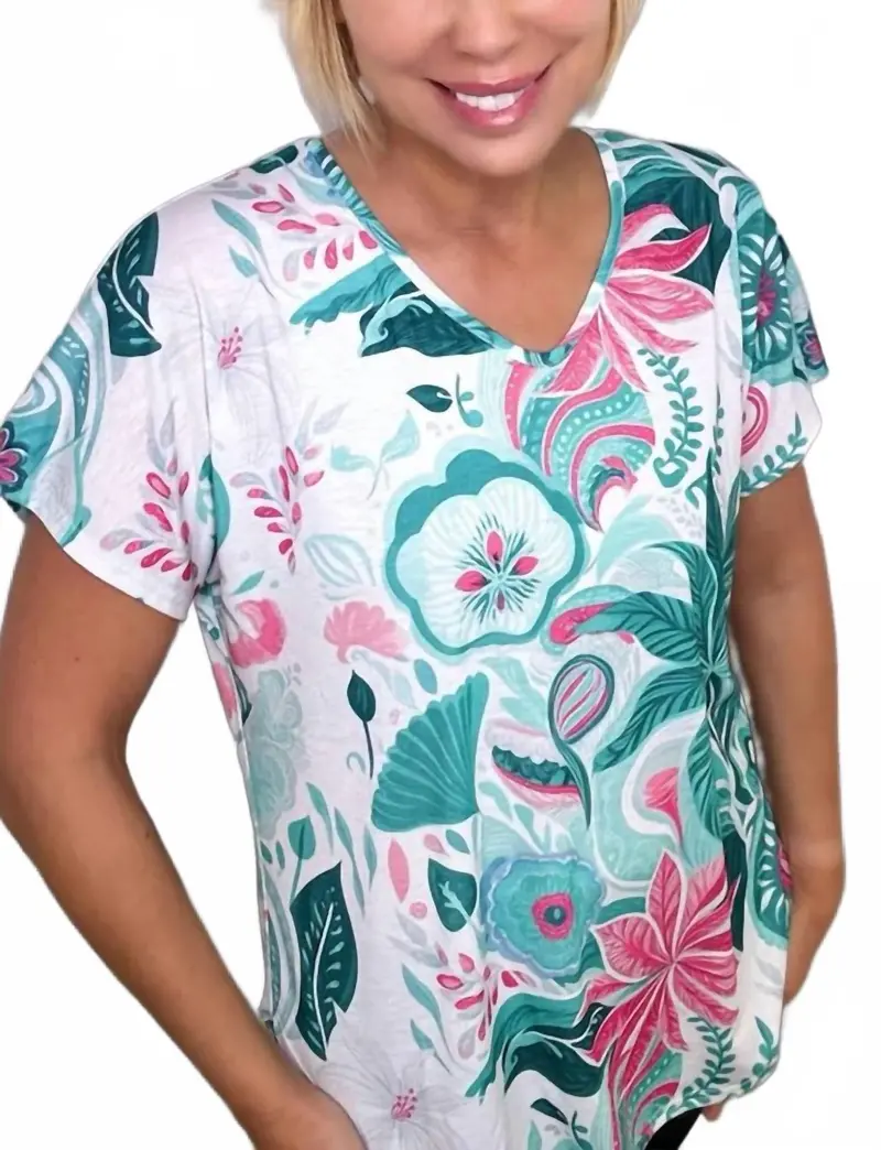 Madrid Tropical Flower Tunic Tee Top In Multi 1
