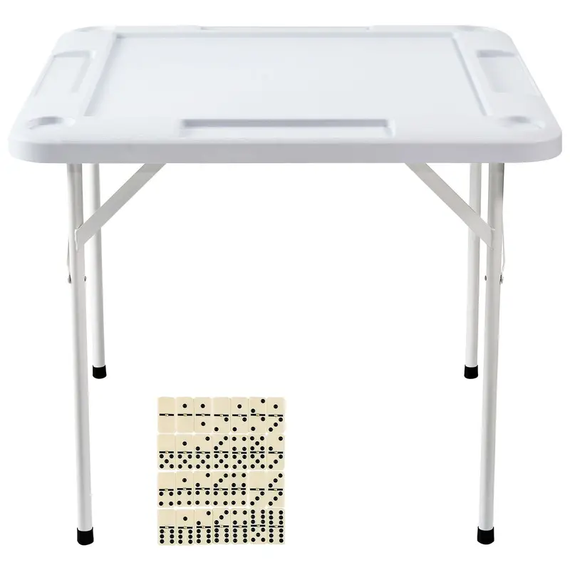 Mahjong Table, Square 4 Player Folding Card Table With 4 Cup Holders & 4 Chip Trays, Portable Domino Game Table With 1 Set Of Dominoes For Mahjong Poker Puzzles, 35.4 X 35.4-Inch, White 1