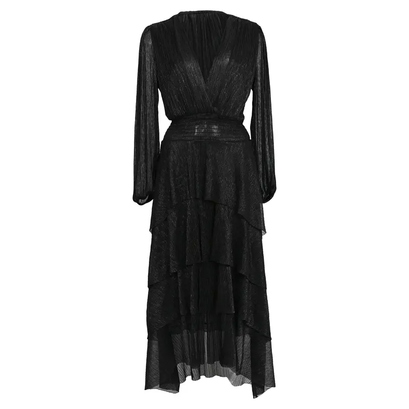 Maje Tiered Metallic Knitted Midi Dress In Black Polyester 1