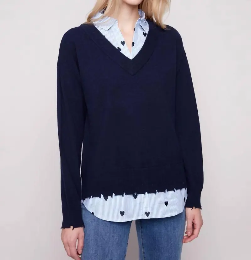 Margaret Layered Poplin Sweater In Navy 1