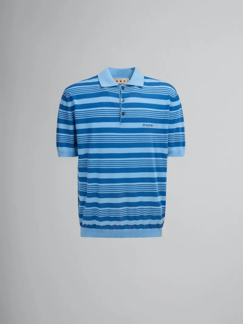 Marni Blue Striped Cotton Short Sleeve Knit Polo Shirt - Blue 1