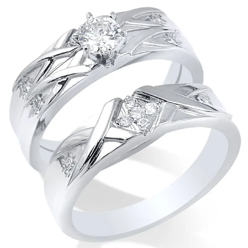 Matching Diamond Engagement Wedding Ring Set His Hers White Gold 14K Size Selectable 1