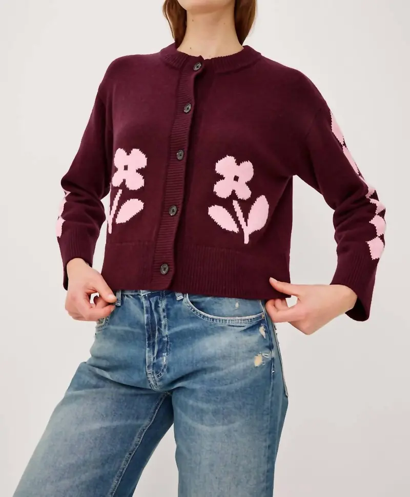 Mavie Floral Motifs Cardigan In Garnet Daisy 1