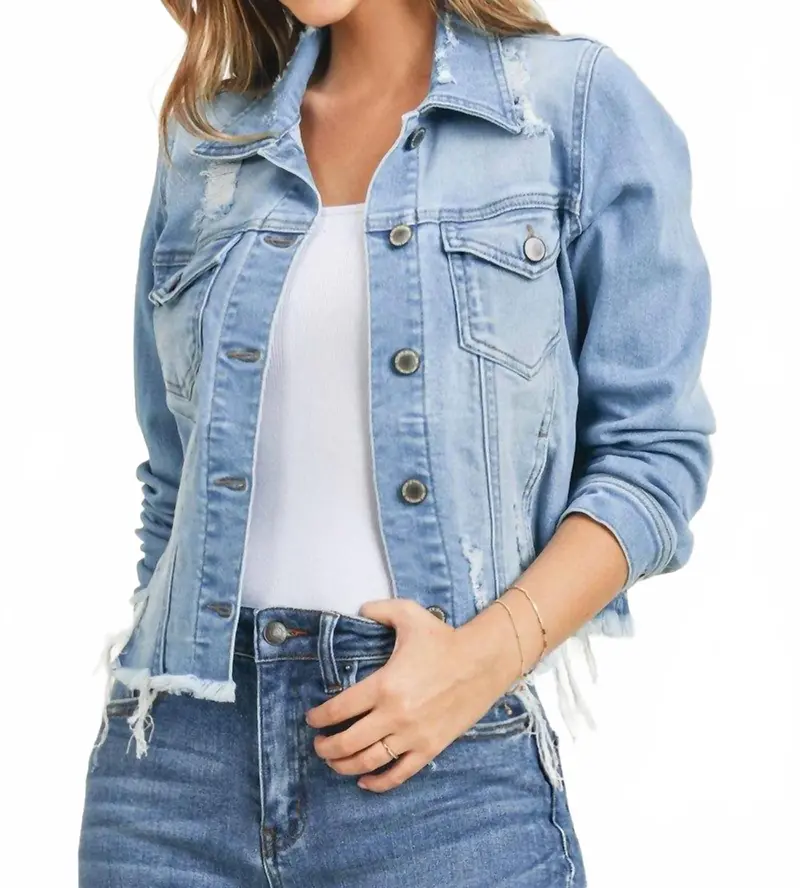 Maylynn Distressed Frayed Hem Denim Jacket In Blue 1