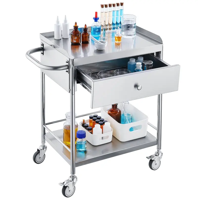 Medical Cart, 2-Layer Stainless Steel Cart 220 Lbs Weight Capacity, Lab Utility Cart With 360° Silent Wheels And A Drawer For Lab, Clinic, Kitchen, Salon 1