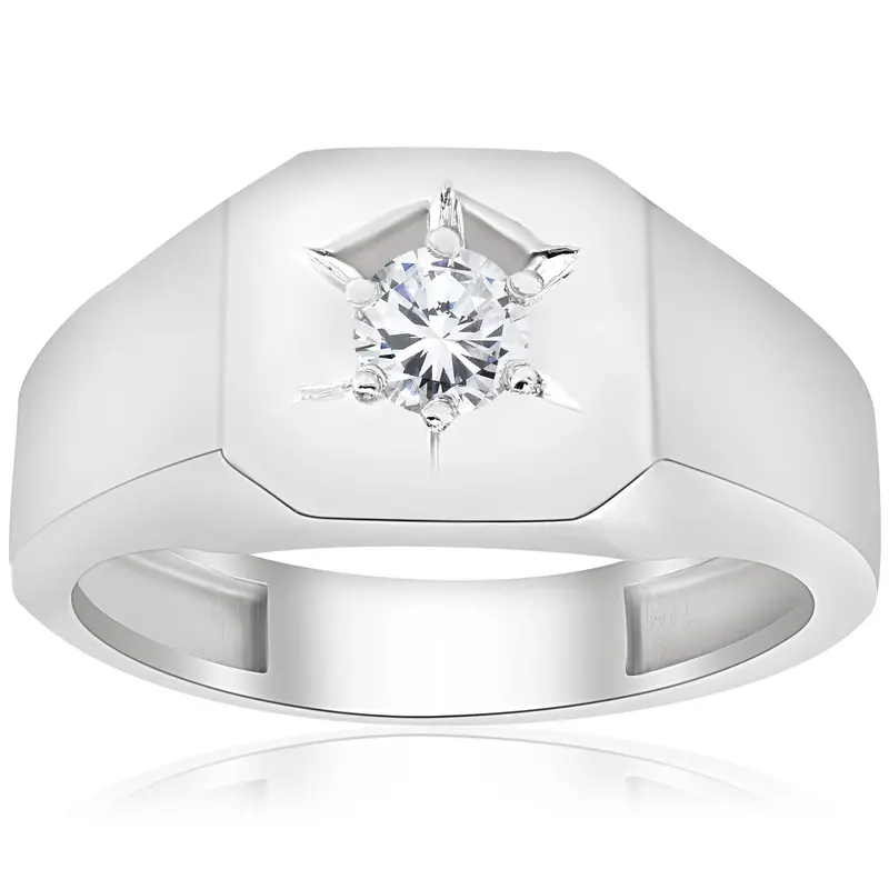 Mens 1/6Ct Diamond Solitaire High Polished Wedding Ring 10K White Gold 1