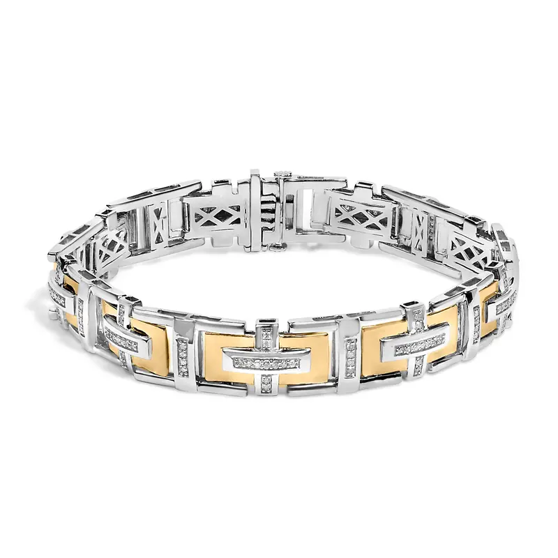Men's  10K Yellow Gold Plated Silver Diamond Accent Geometric Link Bracelet 1