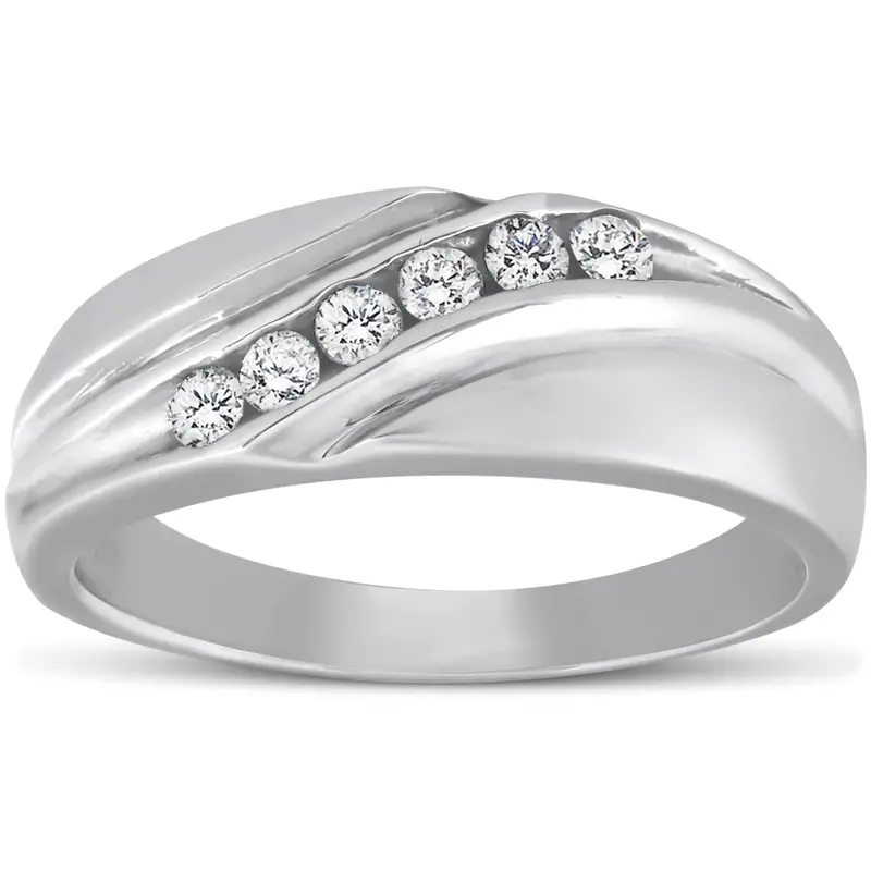 Mens 14K White Gold 1/4Ct Diamond Wedding Ring High Polished Smooth Band Size Selectable 1