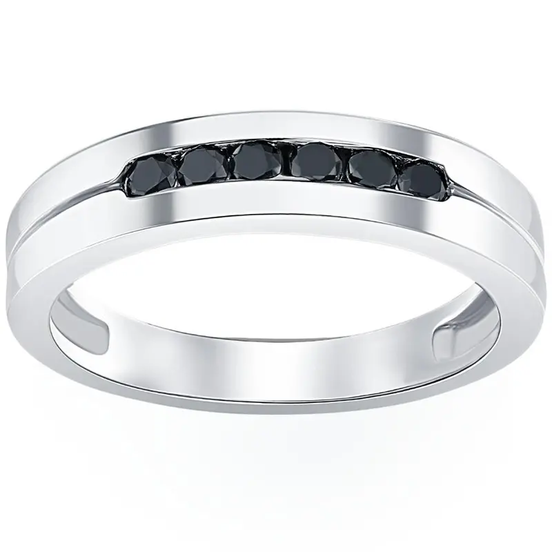 Mens 14K White Gold Black 1/4Ct Diamond Wedding Ring Size Selectable 1