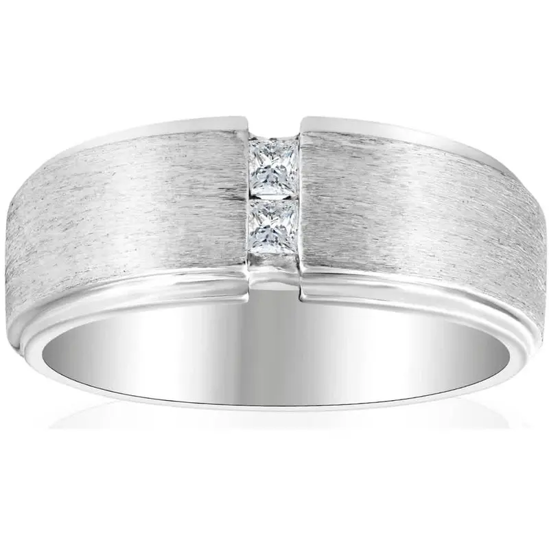 Mens 14K White Gold Brushed Princess Cut Diamond Wedding Ring Size Selectable 1
