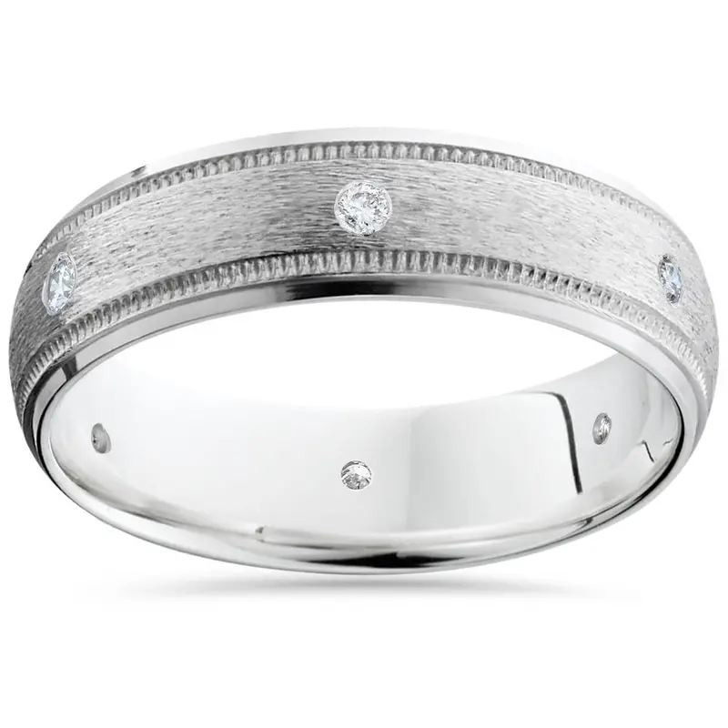 Mens 14K White Gold Diamond Wedding Brushed Band Ring Size Selectable 1