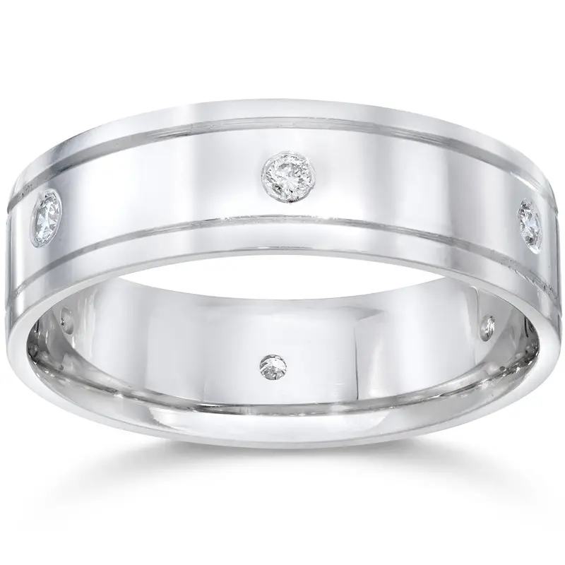 Mens 14K White Gold Polished Diamond Wedding Band Ring Size Selectable 1