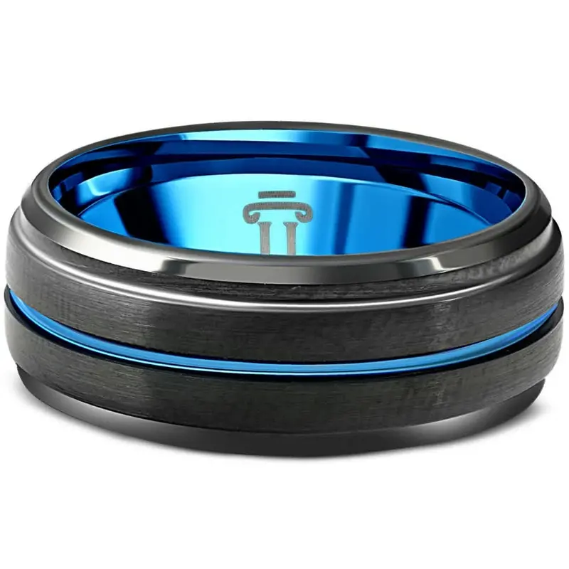 Men's Black & Blue Tungsten Ring Brushed Beveled Step Cut Wedding Band 1