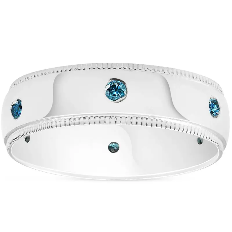 Mens Blue Diamond Wedding Ring 10K White Gold Size Selectable 1