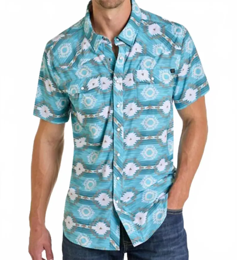 Men's Breathable Ripstop Aztec Short Sleeve Shirt In Turquoise 1
