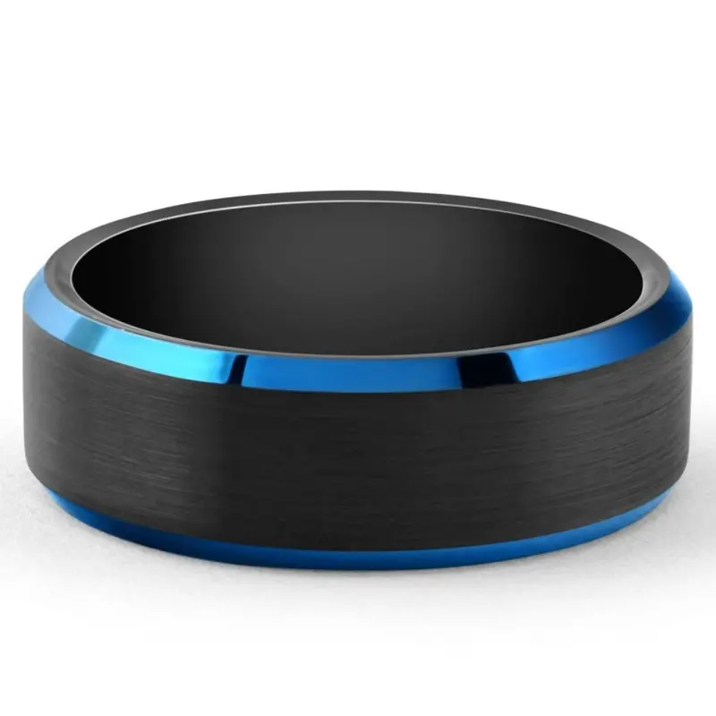 Men's Brushed Black Tungsten Ring Blue Polished Beveled Edge 8Mm Wedding Band 1
