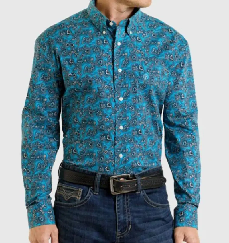 Men's Classic Fit Paisley Button Down Shirt In Turquoise 1