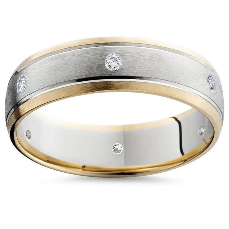 Mens Diamond 14K Gold 2-Tone Brushed Wedding Band 6Mm Size Selectable 1