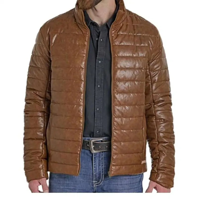 Men's Distressed Faux Leather Puffer Coat In Tan 1