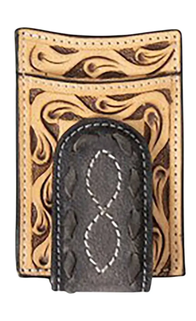 Men's Leather Hand Tooled Money Clip Wallet In Black/Tan 1