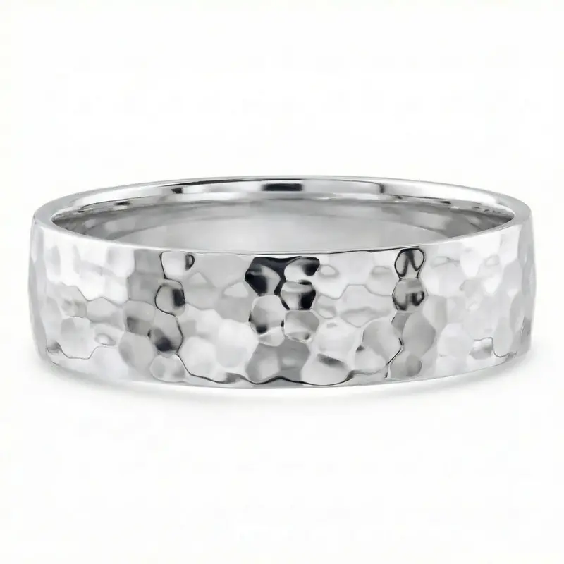 Men's Polished Hammered Wedding Band 14K Gold Or Platinum 5