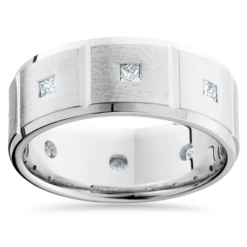 Mens Princess Cut Diamond Wedding Ring Comfort Fit Brushed Bevel 14K White Gold Size Selectable 1