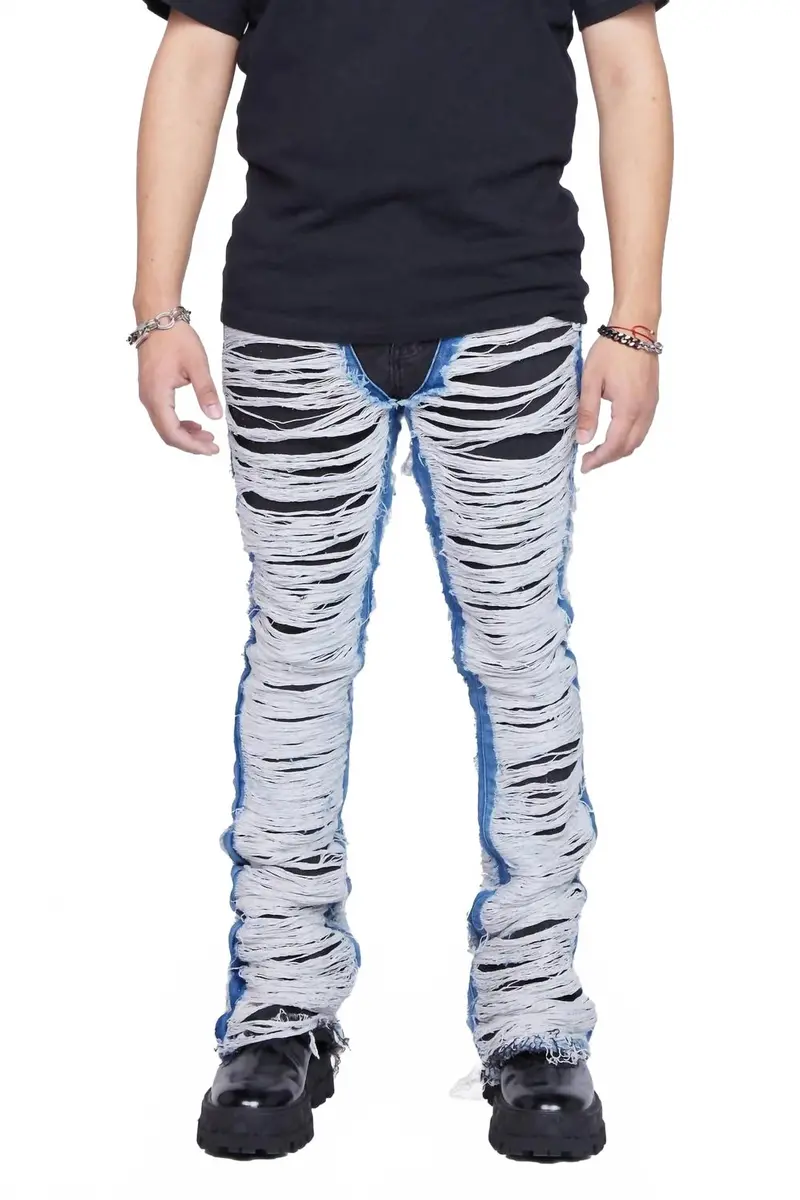 Men's Ravaged Stacked Flare Jean In Black Blue 1
