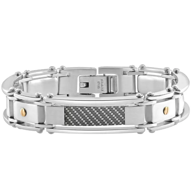 Men's Single Toned Steel Carbon Fiber Gold Screwed 13Mm Link 9.5" Bracelet 1
