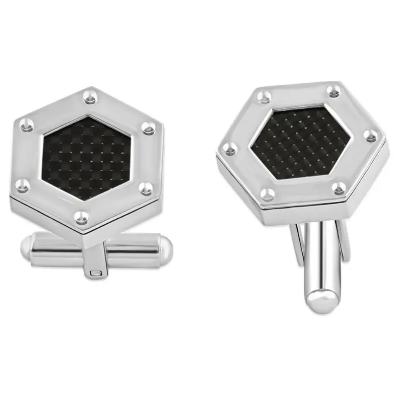 Men's Stainless Steel And Black Carbon Fiber Hexagon Polished 16.5Mm Cufflink 1