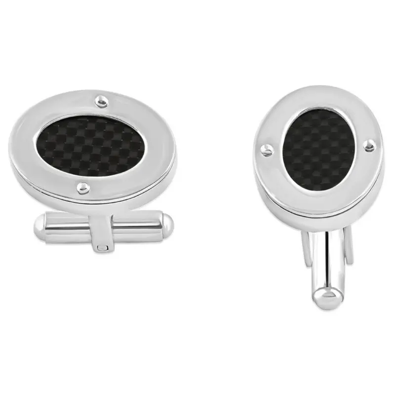 Men's Stainless Steel And Black Carbon Fiber Oval Polished Cufflink 8Mm 1