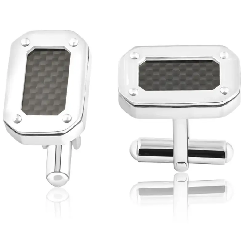 Men's Stainless Steel And Black Carbon Fiber Rectangle Polished Cufflink 14Mm 1