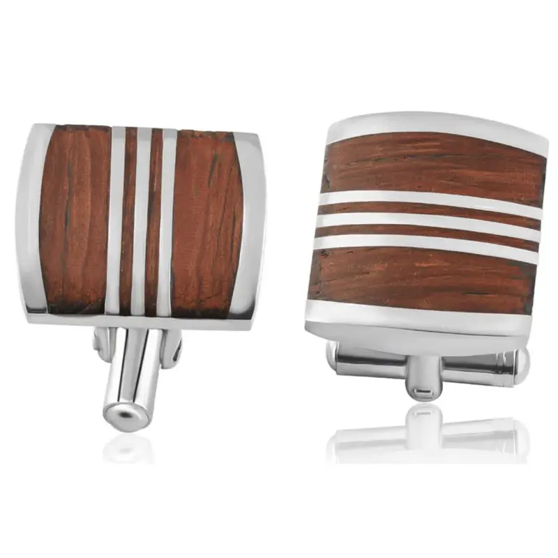Men's Stainless Steel And Drift Wood Brown Square Polished 18Mm Cufflink 1