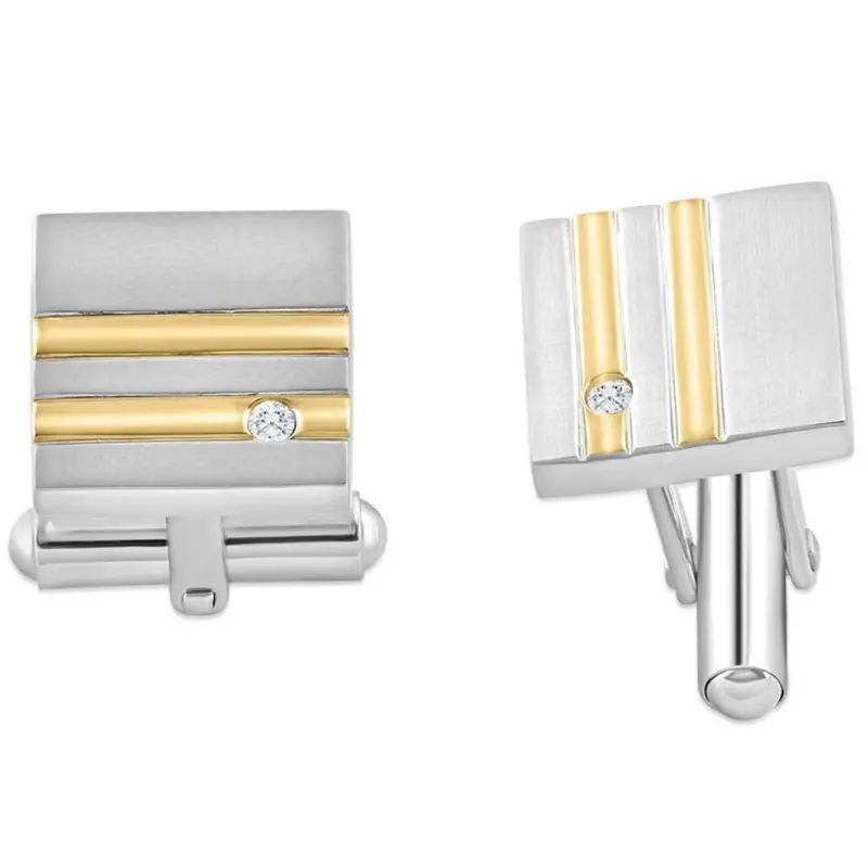 Men's Stainless Steel And Gold Double Striped Square Polished 14Mm Cufflink 1