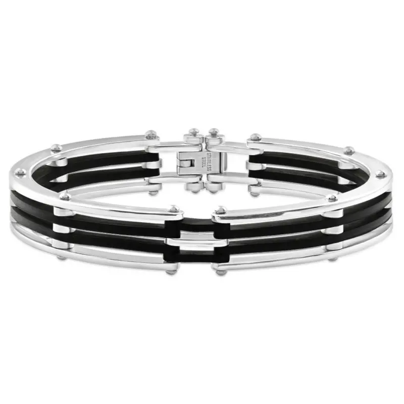 Men's Steel And Black Silicone Latched 8" 13.5Mm " Cuffed Bracelet 1