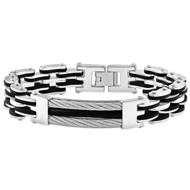 Men's Steel Brushed And Black Two Tone 13.5Mm Link Flexible Wired 8 " Bracelet 1