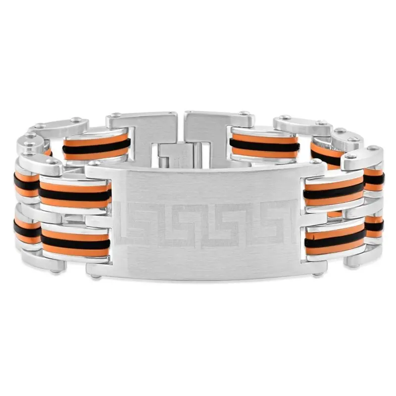 Men's Steel Brushed Orange And Black Three Tone 24Mm Link Flexible 8 " Bracelet 1