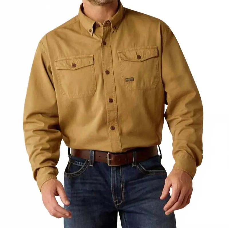 Men's Washed Twill Work Button Down Shirt In Khaki 1
