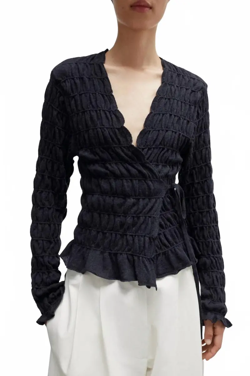 Merino Wool Gathered Cardigan In Anthracite 1
