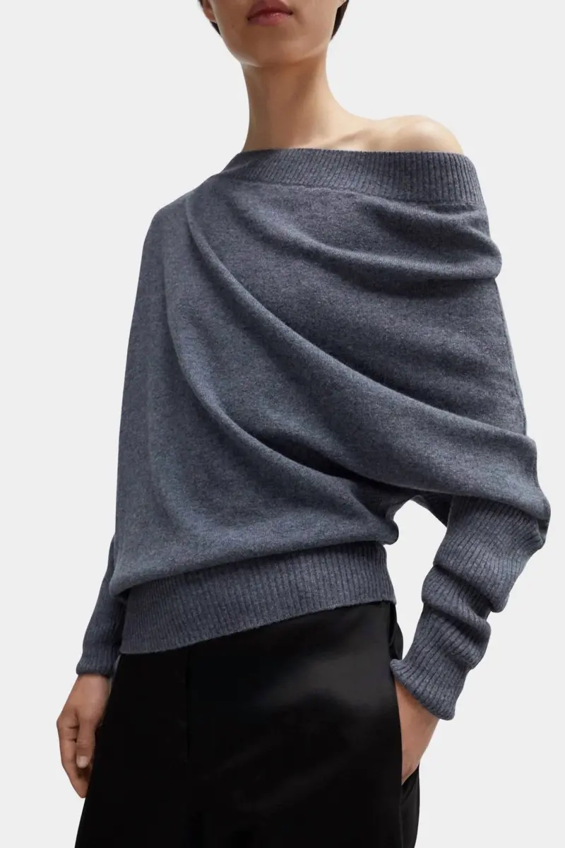 Merino Wool Off Shoulder Sweater In Grey 1