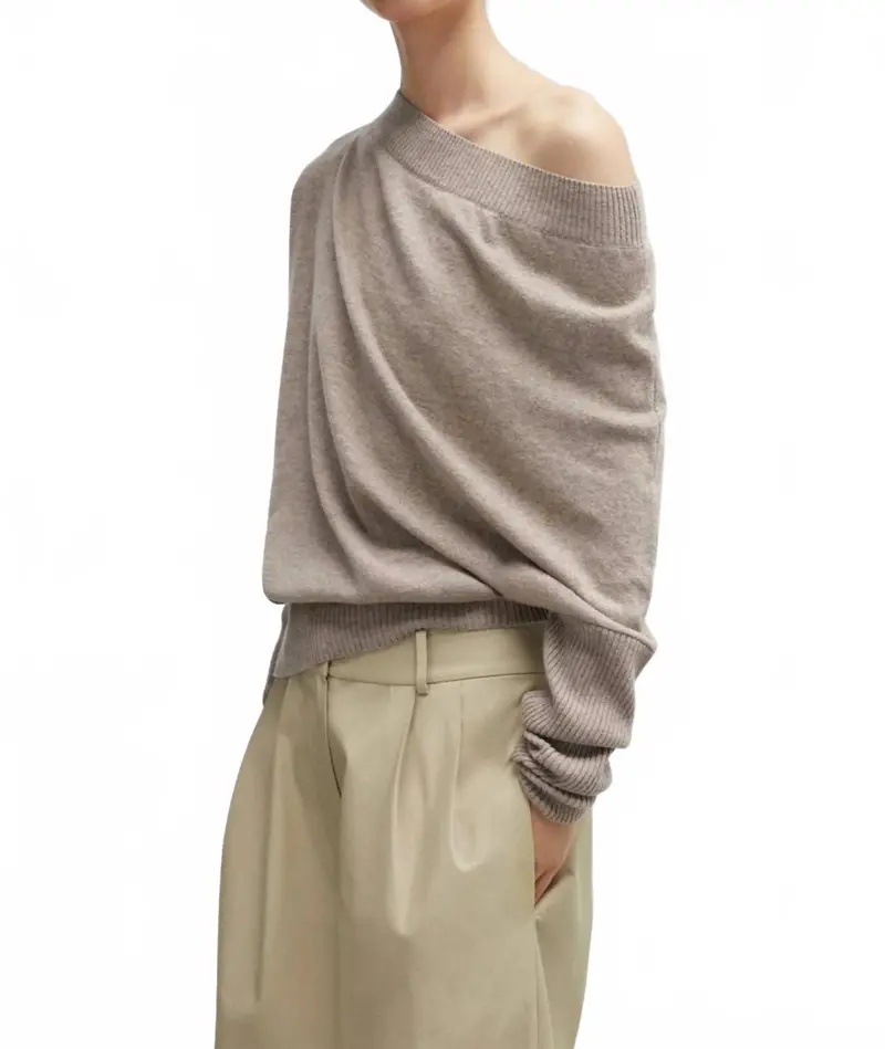 Merino Wool Off Shoulder Sweater In Taupe 1