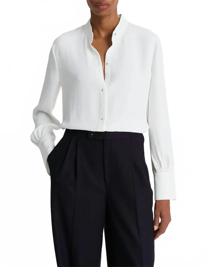 Metal Ball Button Long Sleeve Shirt In Off White 1